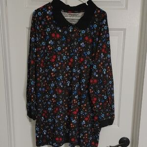 Woman Within Navy Floral Polo Tunic Sz 3X Long Sleeves with Red and Blue Blooms